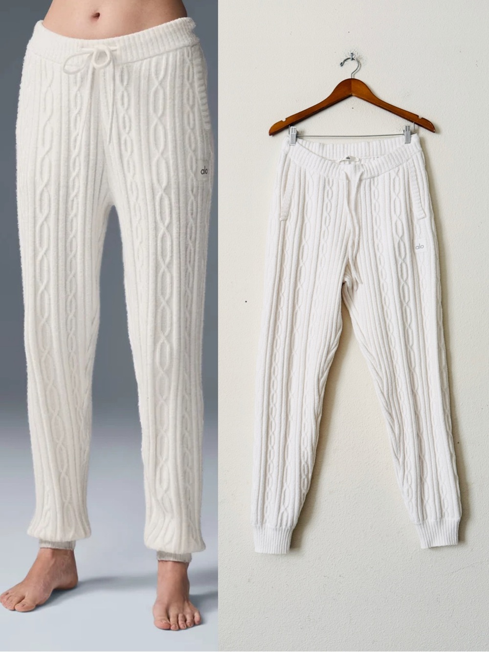 Alo yoga LARGE Cable Knit Winter Bliss pocketed pants in Ivory white